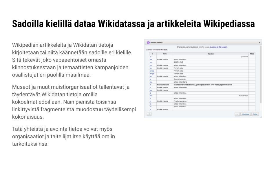 Sadoilla kielillä dataa Wikidatassa ja artikkeleita Wikipediassa.
